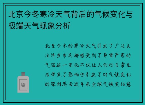 北京今冬寒冷天气背后的气候变化与极端天气现象分析